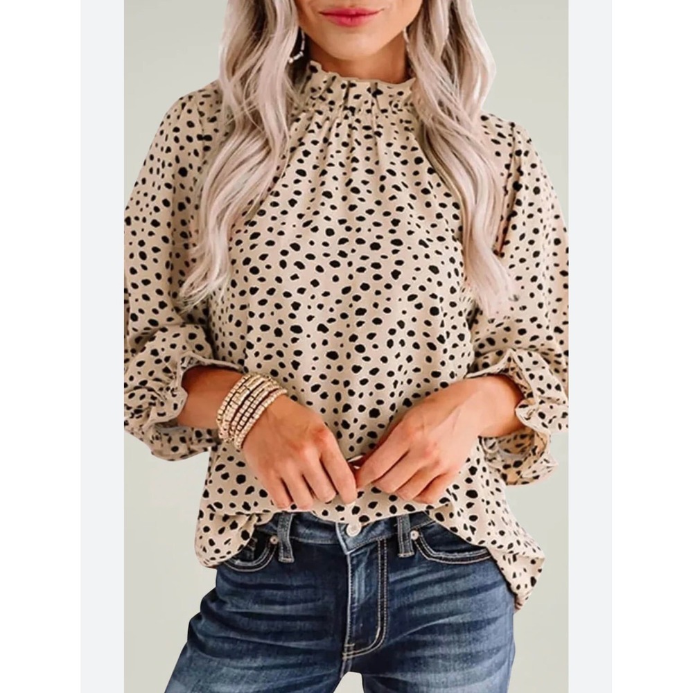Anga Fashion Womens Small Cheetah Animal Print Ruffle Mock Neck Blouse Tan Black